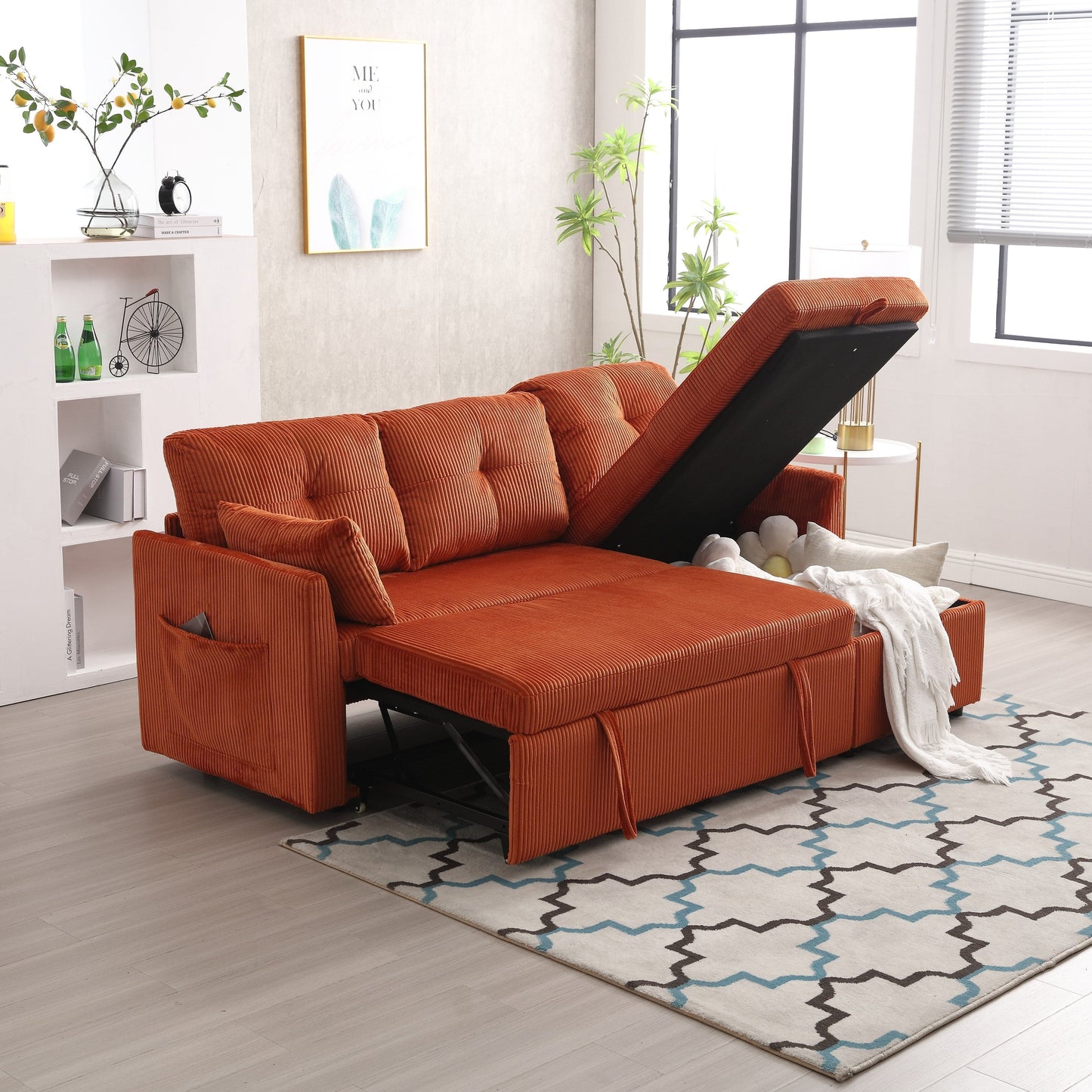 Orange 81.1'' L-Shaped Fabric Sofa: Reversible Chaise, Storage, Solid Wood Frame, and Foam Seating