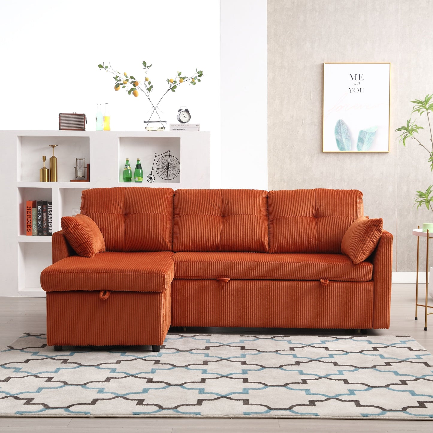 Orange 81.1'' L-Shaped Fabric Sofa: Reversible Chaise, Storage, Solid Wood Frame, and Foam Seating
