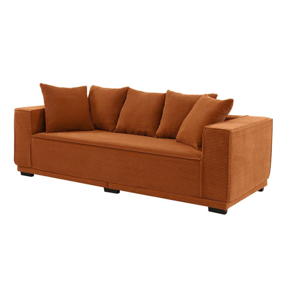Orange 88.97'' Corduroy 3-Seater Sofa with 5 Toss Pillows and Sturdy Bottom Frame