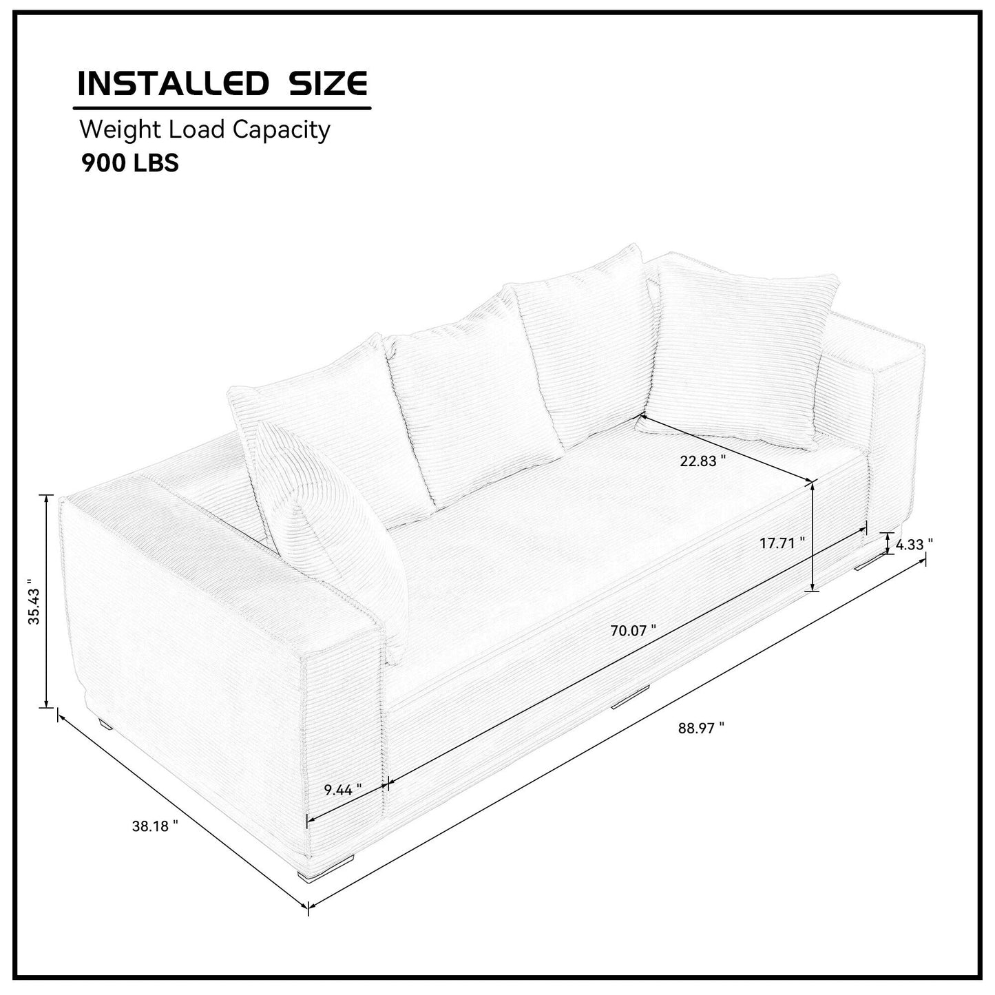 Orange 88.97'' Corduroy 3-Seater Sofa with 5 Toss Pillows and Sturdy Bottom Frame