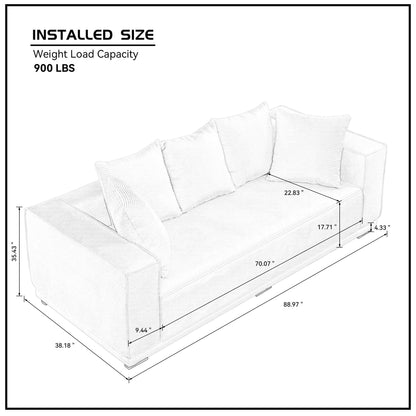 Orange 88.97'' Corduroy 3-Seater Sofa with 5 Toss Pillows and Sturdy Bottom Frame