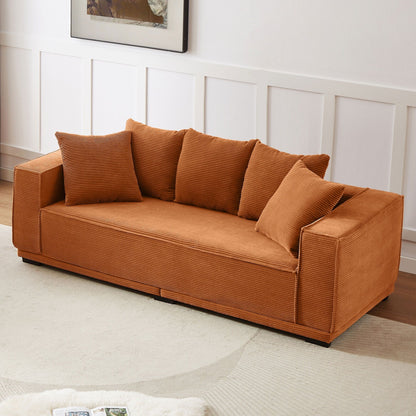 Orange 88.97'' Corduroy 3-Seater Sofa with 5 Toss Pillows and Sturdy Bottom Frame