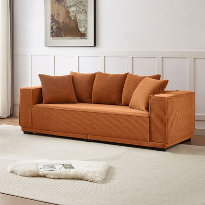 Orange 88.97'' Corduroy 3-Seater Sofa with 5 Toss Pillows and Sturdy Bottom Frame