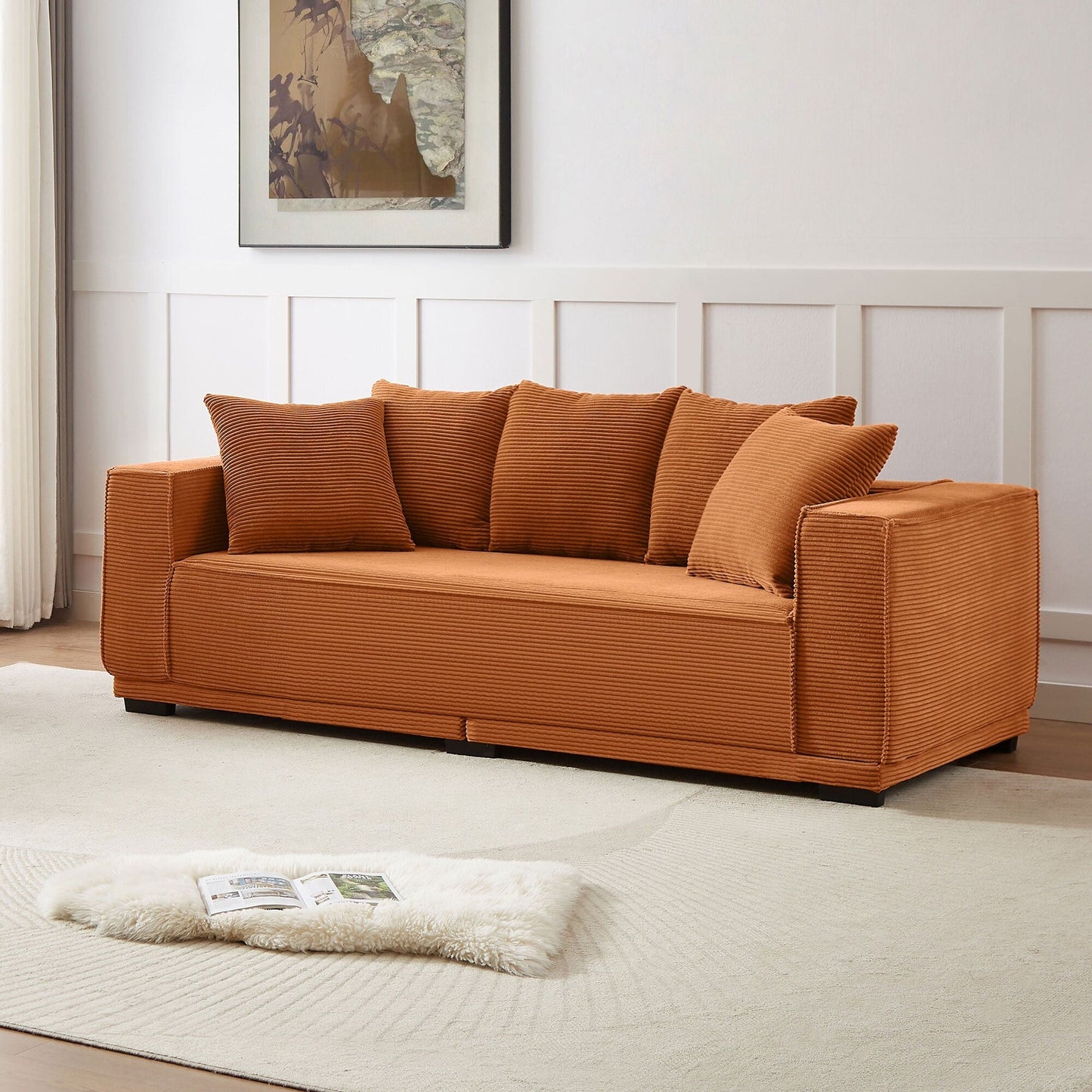 Orange 88.97'' Corduroy Sofa with 5 Toss Pillows