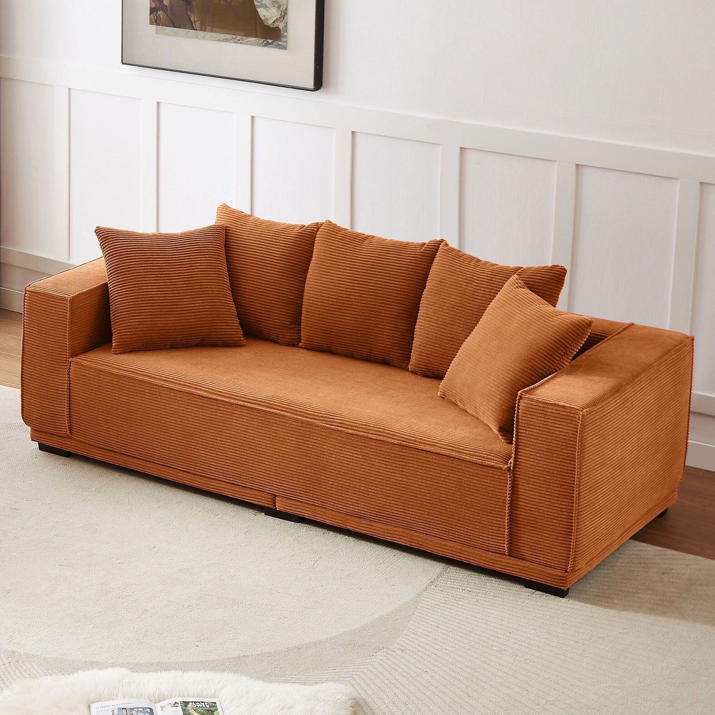 Orange 88.97'' Corduroy Sofa with 5 Toss Pillows