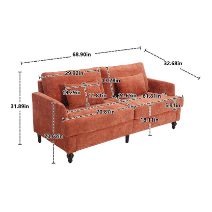 Orange Modern Chenille 68.9'' 2-Seater Sofa: Detachable Cushions, Solid Wood Frame, and Brown Wooden Legs