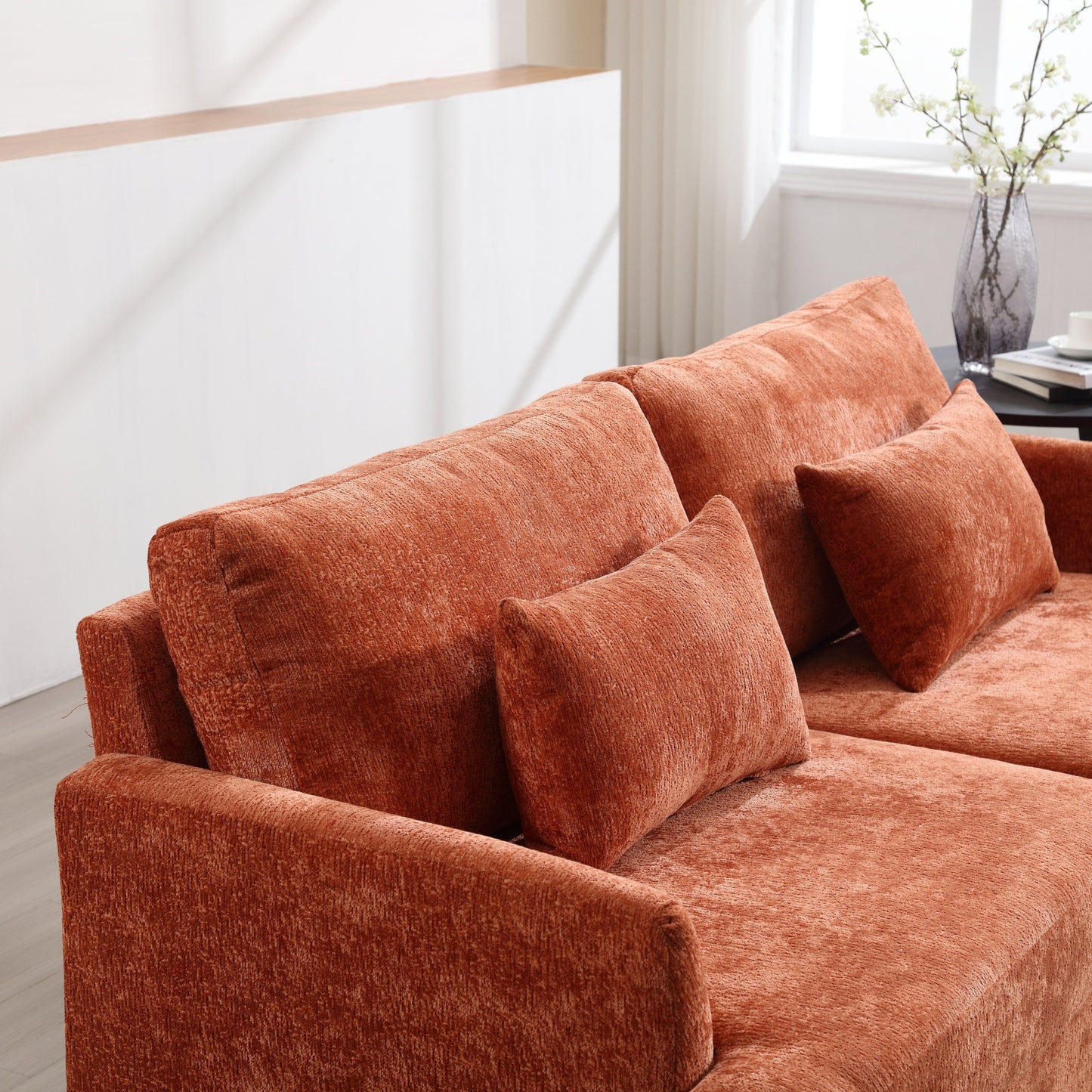 Orange Modern Chenille 68.9'' 2-Seater Sofa: Detachable Cushions, Solid Wood Frame, and Brown Wooden Legs