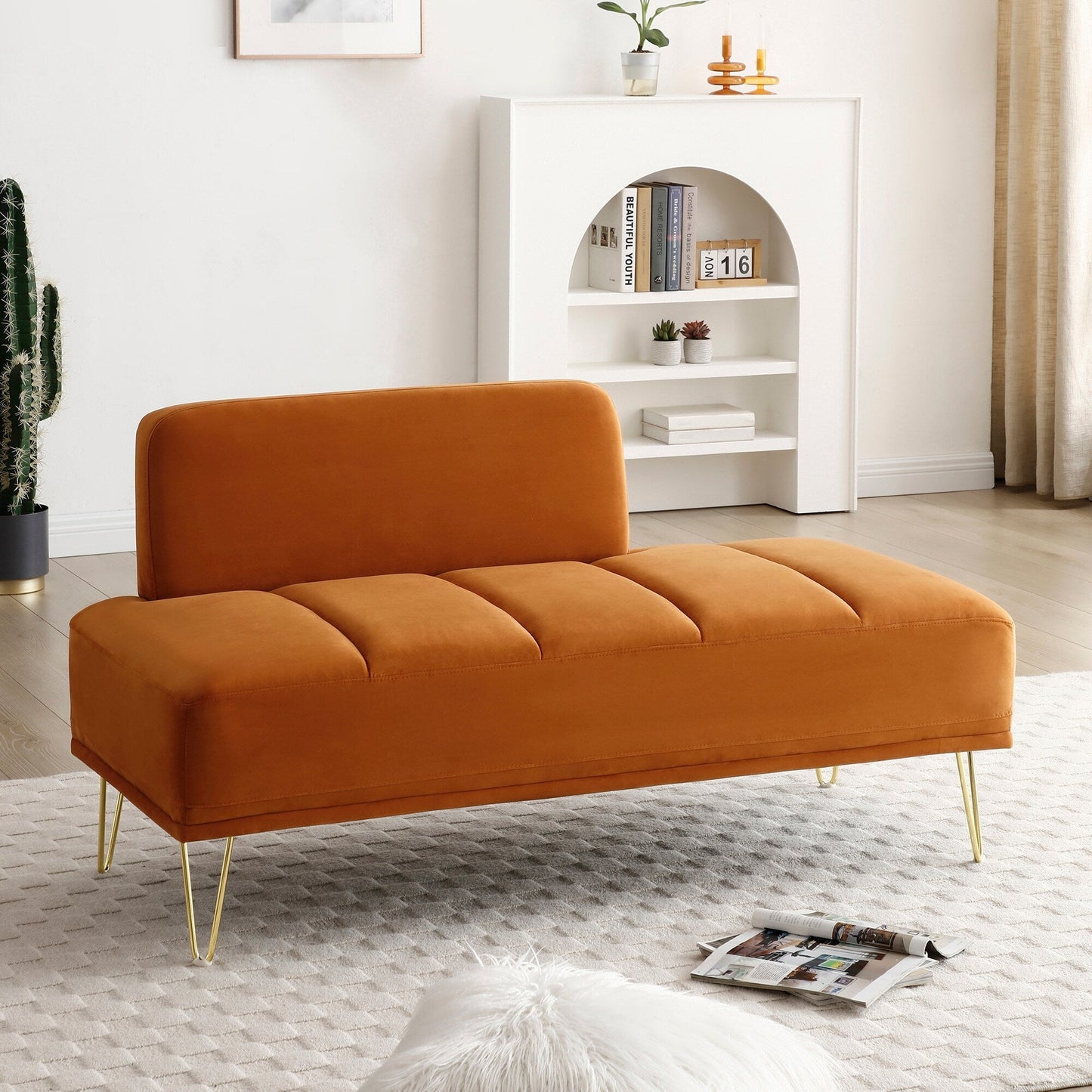 Orange Upholstered Loveseat Bench with Gold Legs