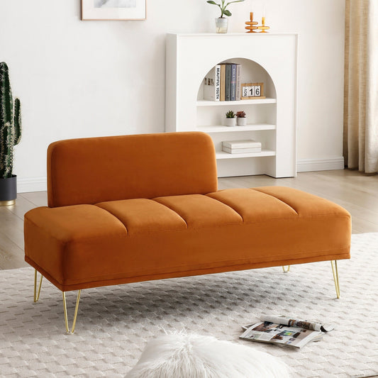 Orange Upholstered Loveseat Bench with Gold Legs