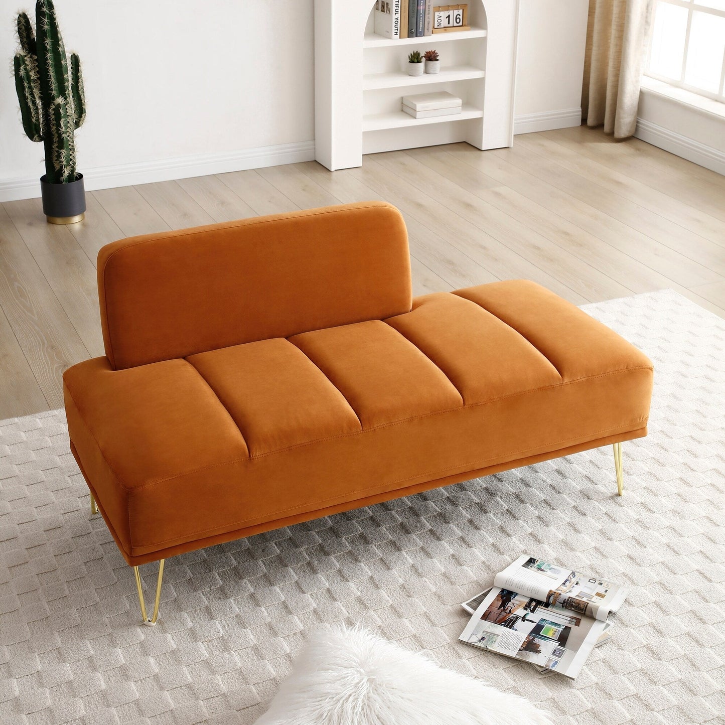 Orange Upholstered Loveseat Bench with Gold Legs