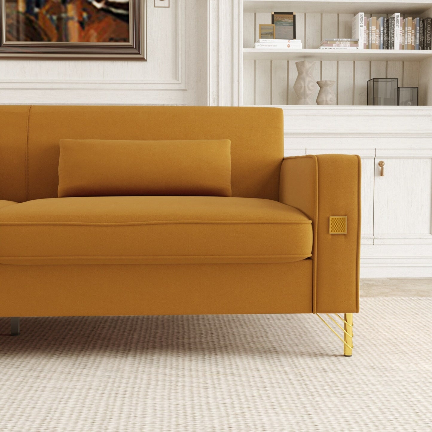 Orange Velvet 3-seater Sofa with Gold Accents