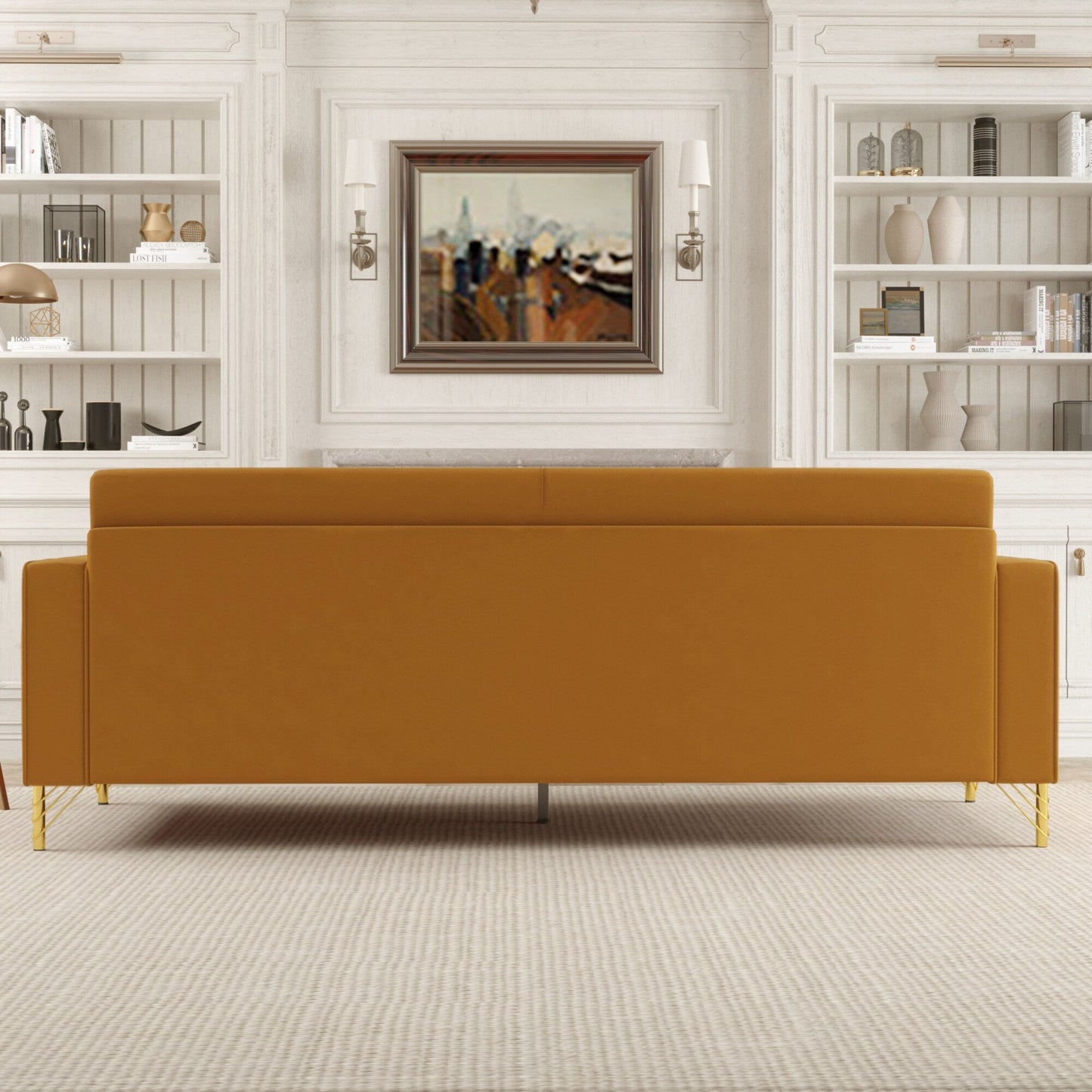 Orange Velvet 3-seater Sofa with Gold Accents