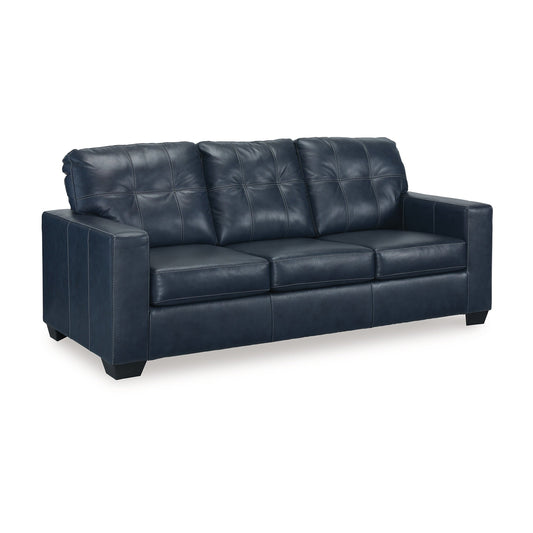 Orion Sofa, Ocean Blue Tufted Real and Faux Leather Cushions, 85 Inch