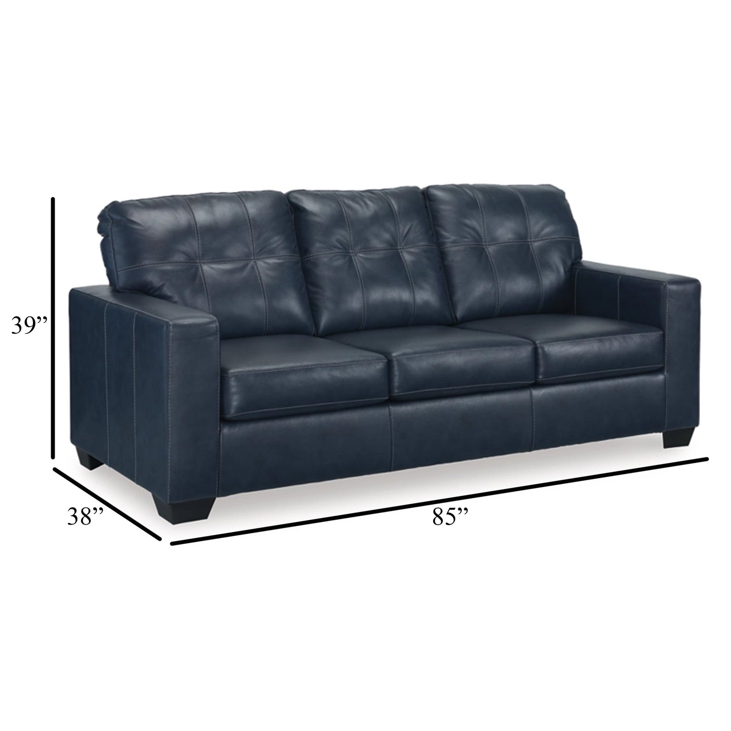 Orion Sofa, Ocean Blue Tufted Real and Faux Leather Cushions, 85 Inch