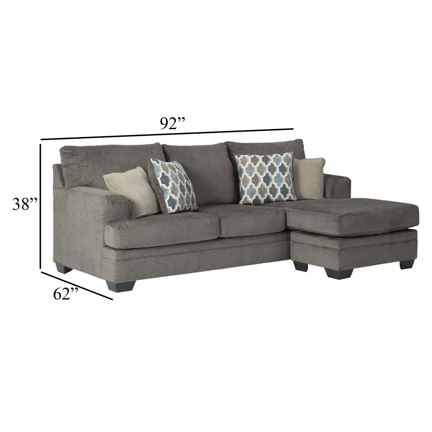 Orsten Sofa Chaise, Slate Gray Chenille, 4 Throw Pillows, 92 Inch