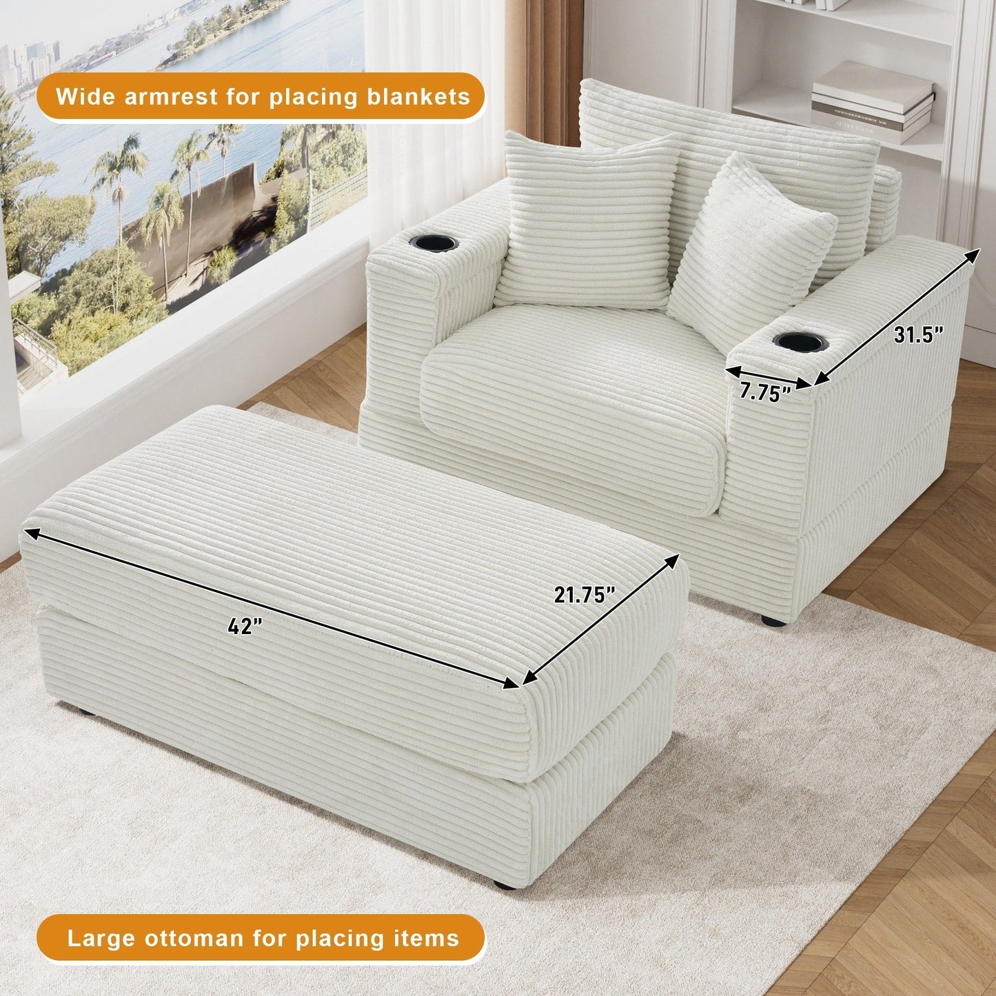 Ouyessir Upholstered Deep Seat Single Sofa with Ottoman for Living Room