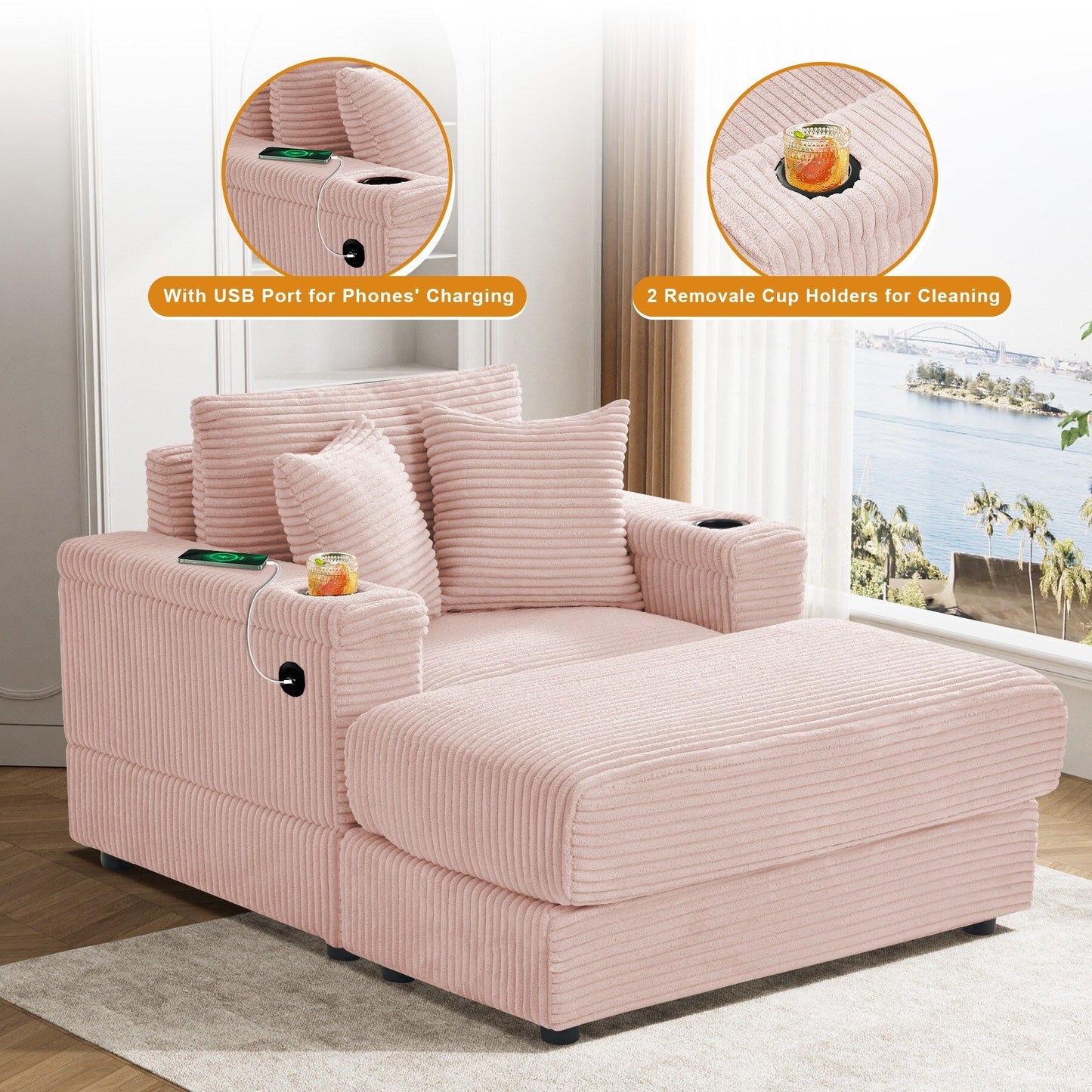 Ouyessir Upholstered Deep Seat Single Sofa with Ottoman for Living Room