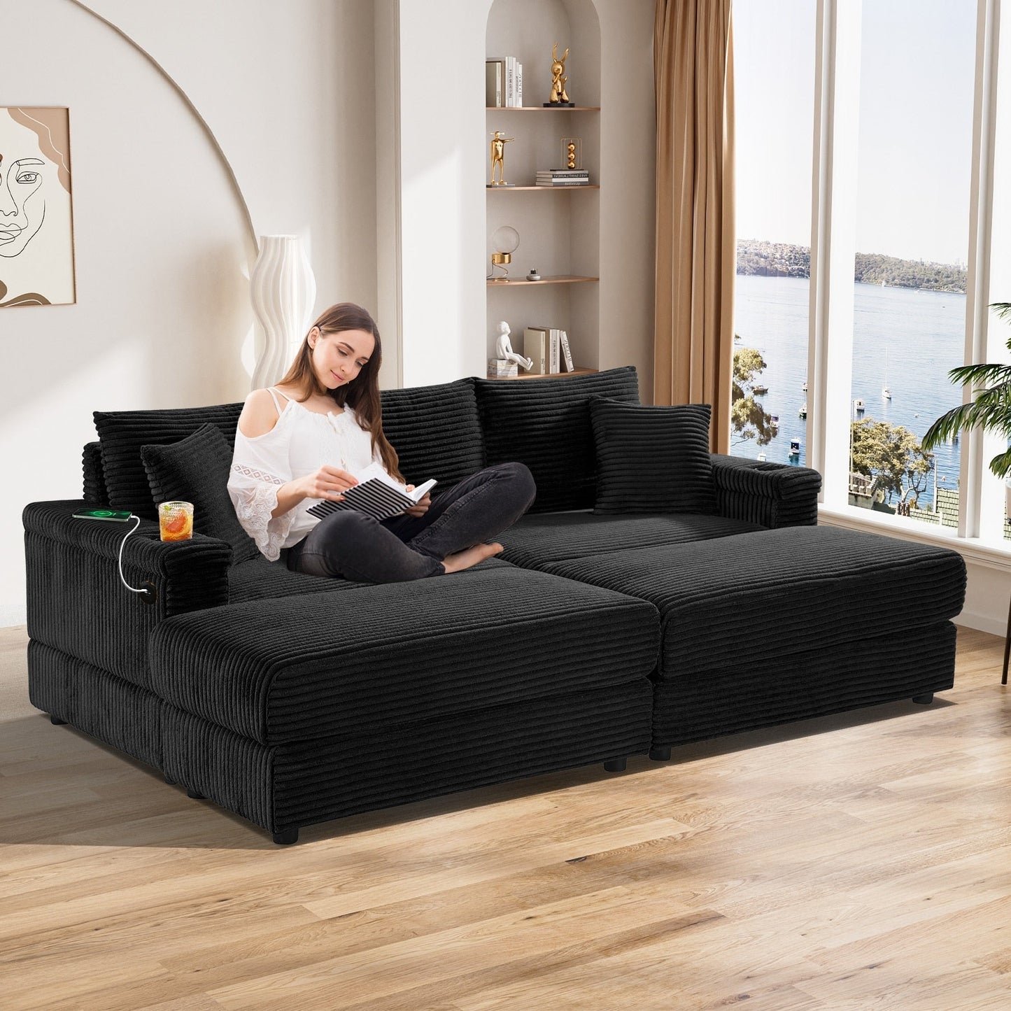 Ouyessir Upholstered Deep Seat Single Sofa with Ottoman for Living Room