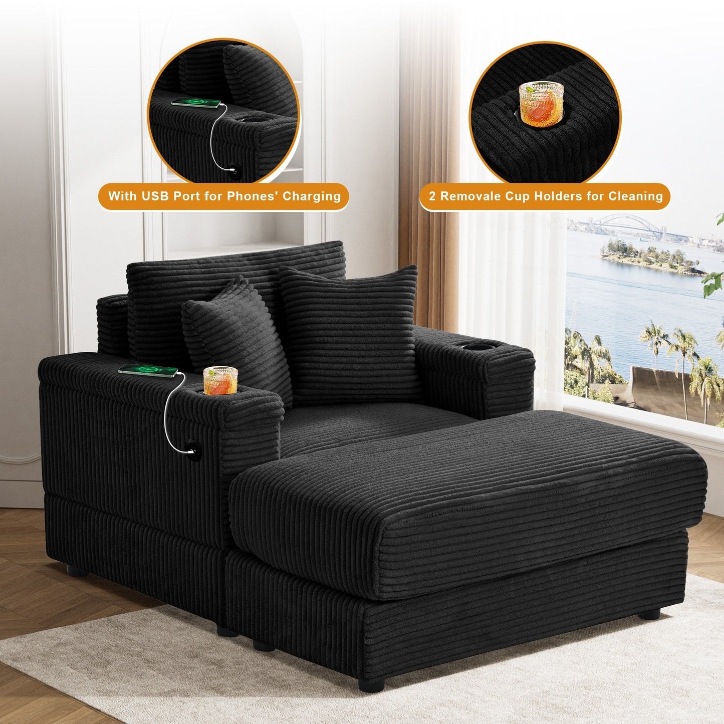 Ouyessir Upholstered Deep Seat Single Sofa with Ottoman for Living Room