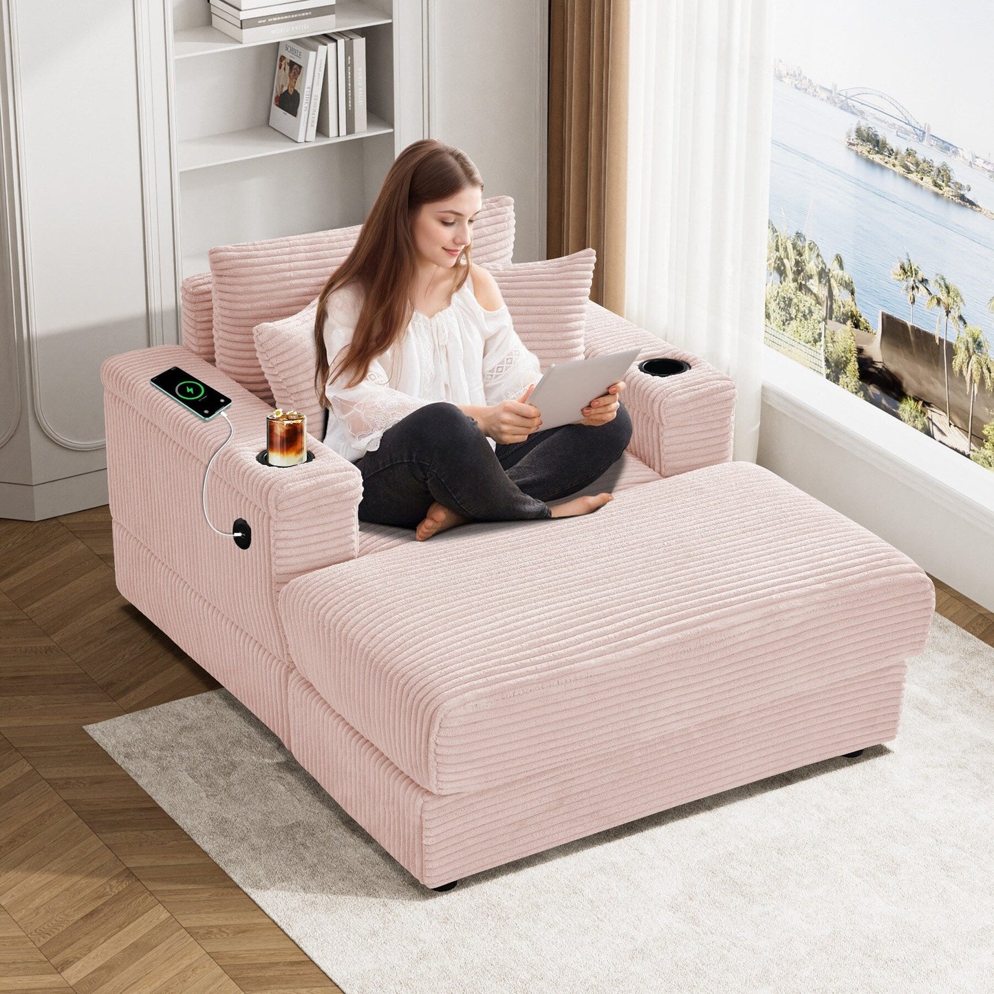 Ouyessir Upholstered Deep Seat Single Sofa with Ottoman for Living Room