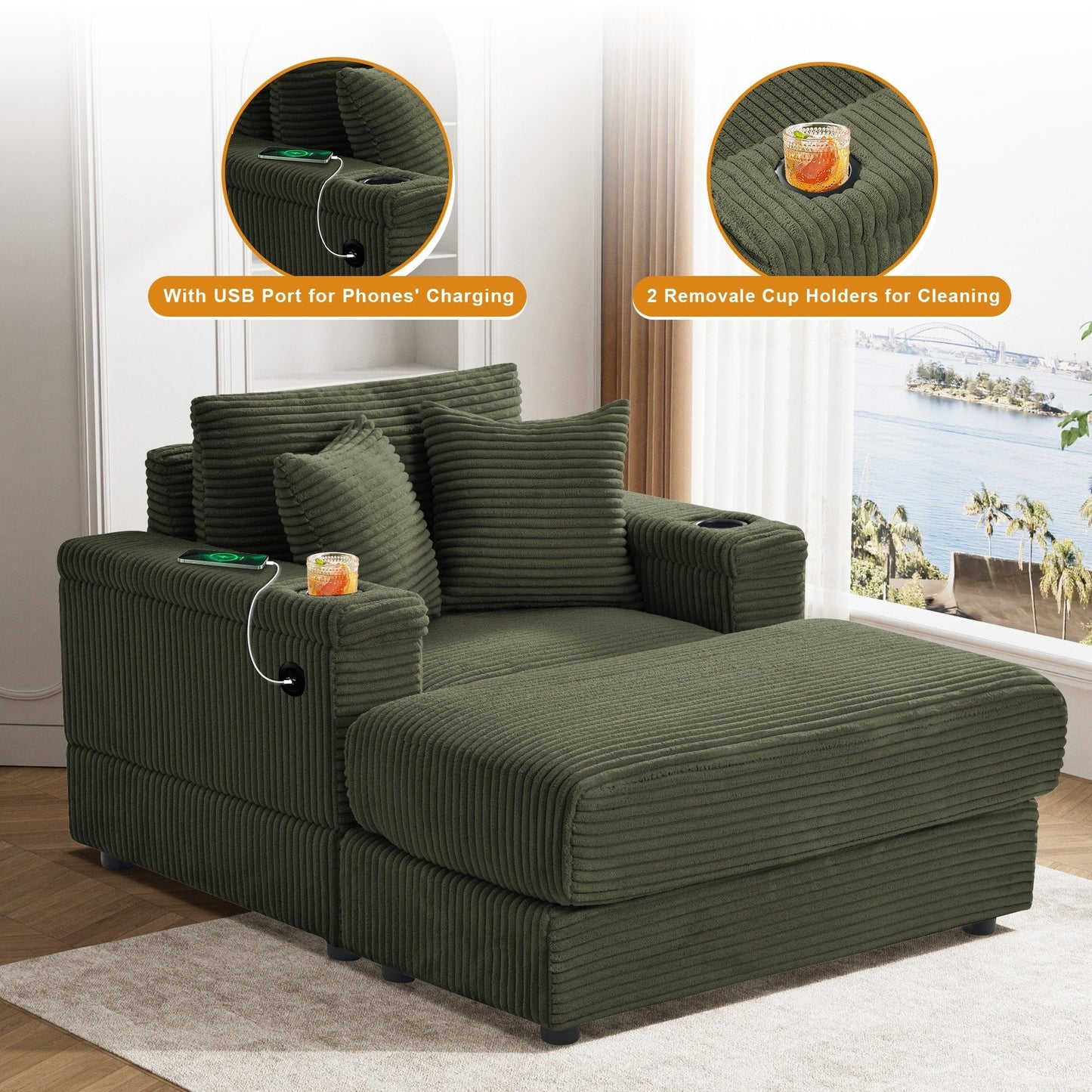 Ouyessir Upholstered Deep Seat Single Sofa with Ottoman for Living Room