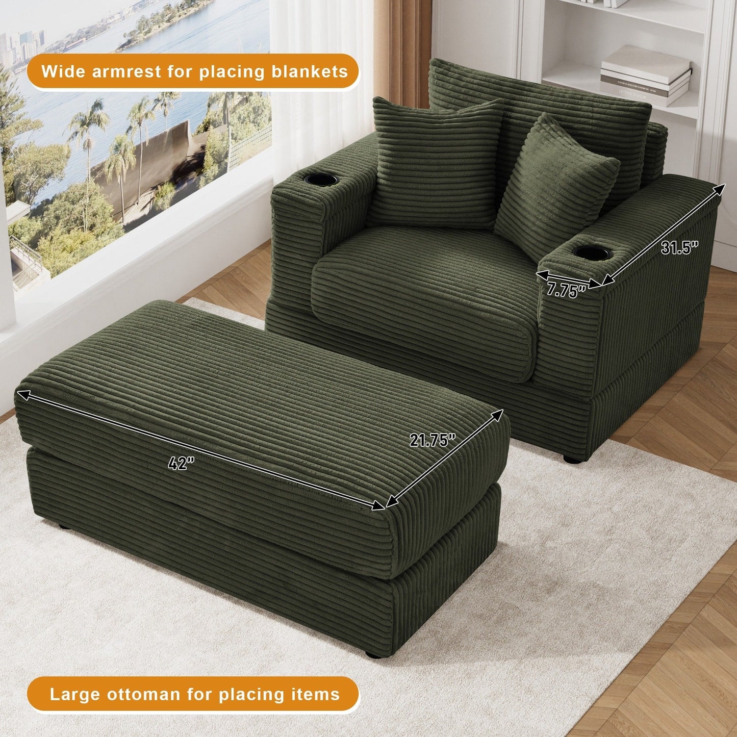 Ouyessir Upholstered Deep Seat Single Sofa with Ottoman for Living Room