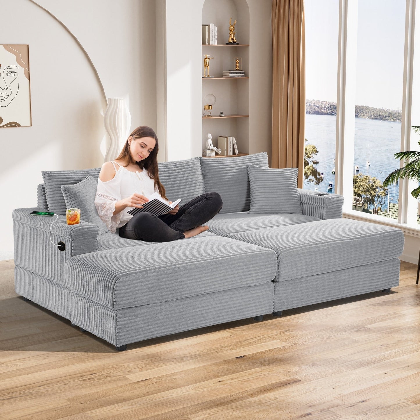 Ouyessir Upholstered Deep Seat Single Sofa with Ottoman for Living Room