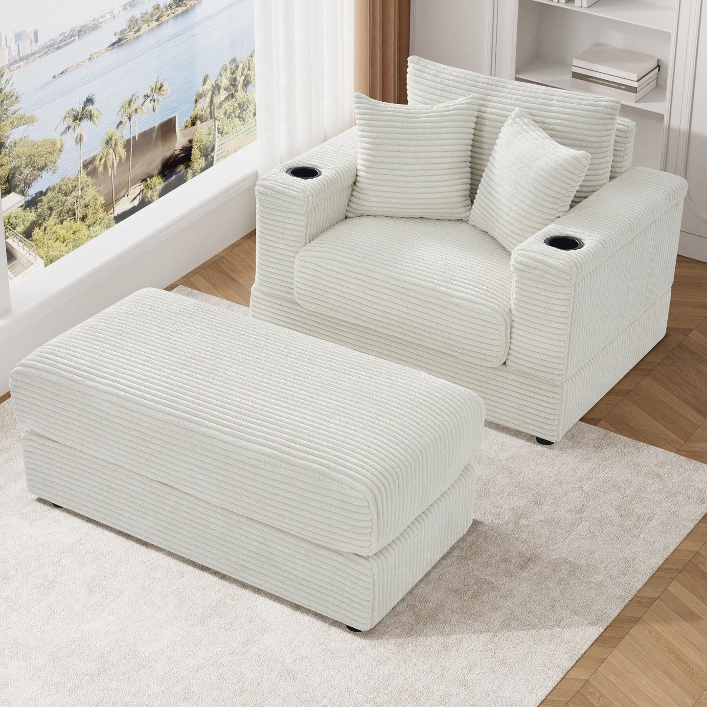 Ouyessir Upholstered Deep Seat Single Sofa with Ottoman for Living Room