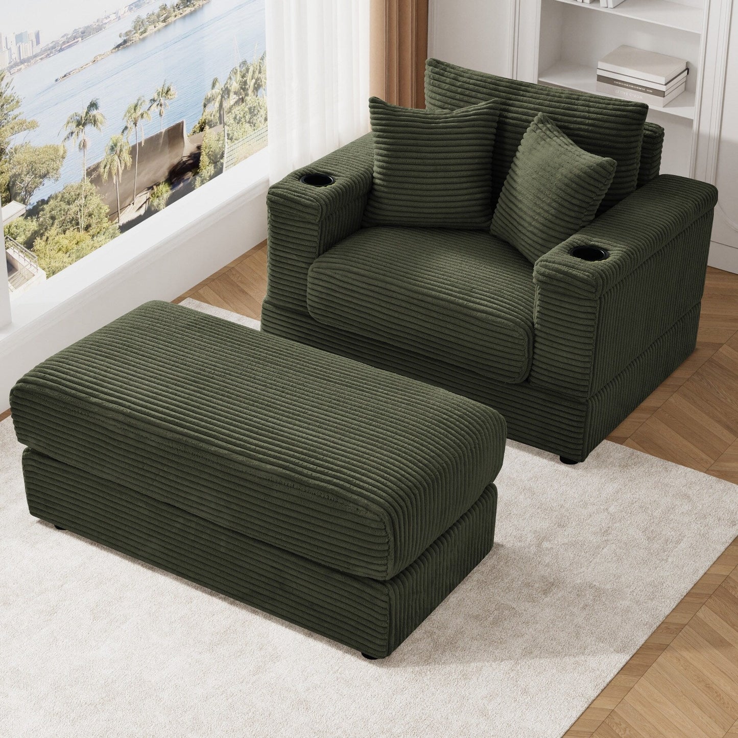 Ouyessir Upholstered Deep Seat Single Sofa with Ottoman for Living Room