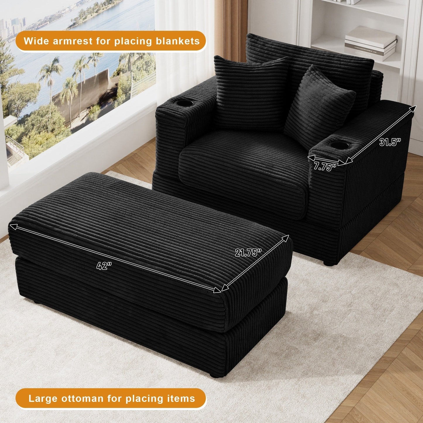 Ouyessir Upholstered Deep Seat Single Sofa with Ottoman for Living Room
