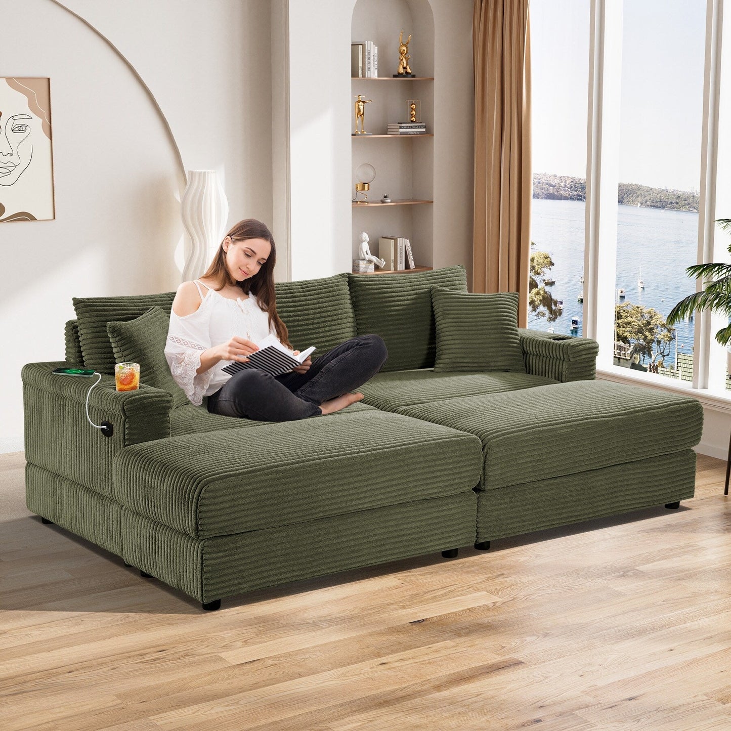 Ouyessir Upholstered Deep Seat Single Sofa with Ottoman for Living Room