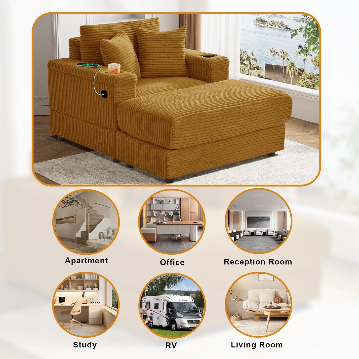 Ouyessir Upholstered Deep Seat Single Sofa with Ottoman for Living Room