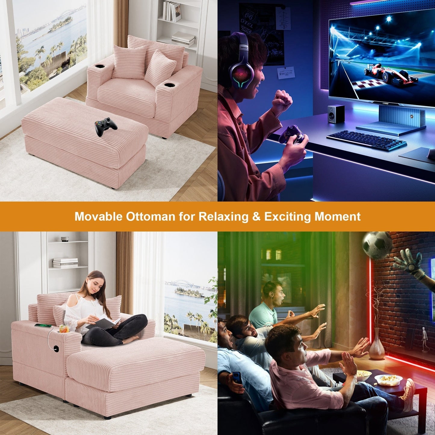 Ouyessir Upholstered Deep Seat Single Sofa with Ottoman for Living Room
