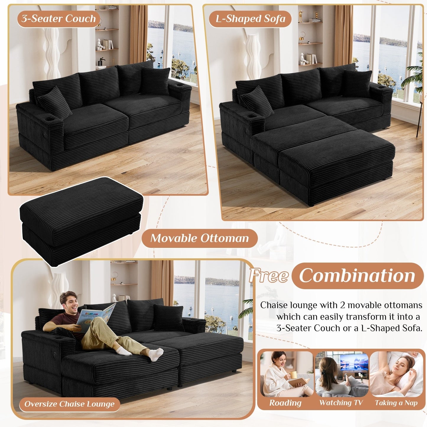 Ouyessir Upholstered Deep Seat Single Sofa with Ottoman for Living Room