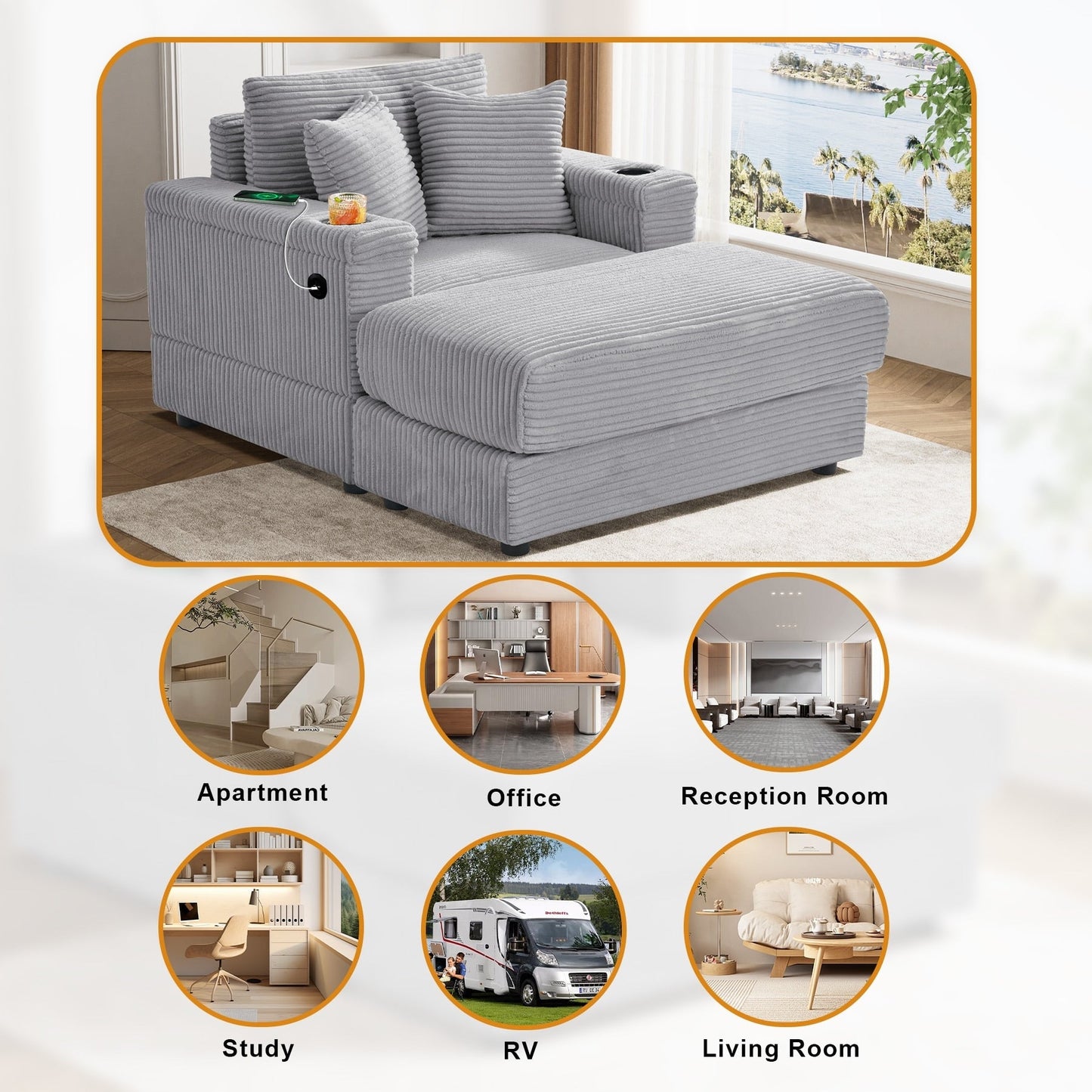 Ouyessir Upholstered Deep Seat Single Sofa with Ottoman for Living Room
