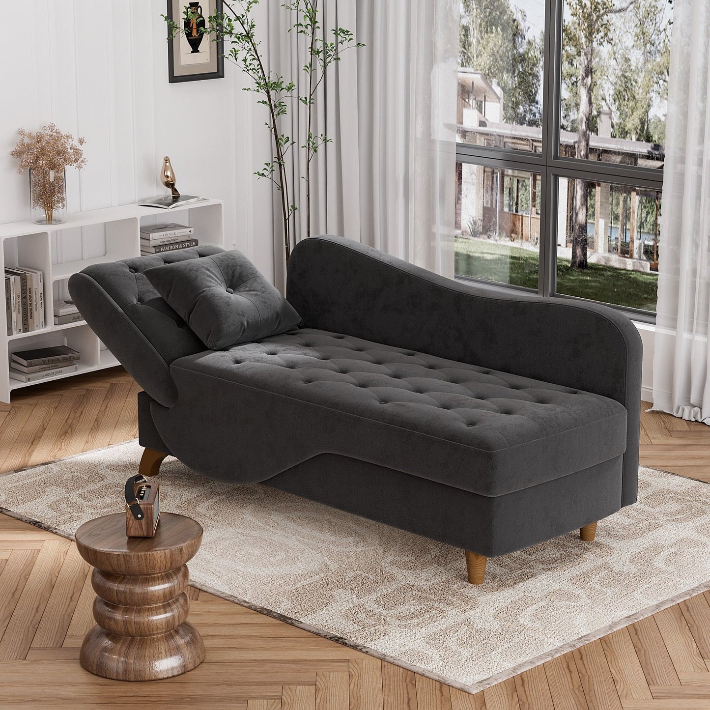 Ouyessir Upholstered Storage Chaise Lounge Chair with Left Armrest & Lumbar Pillow