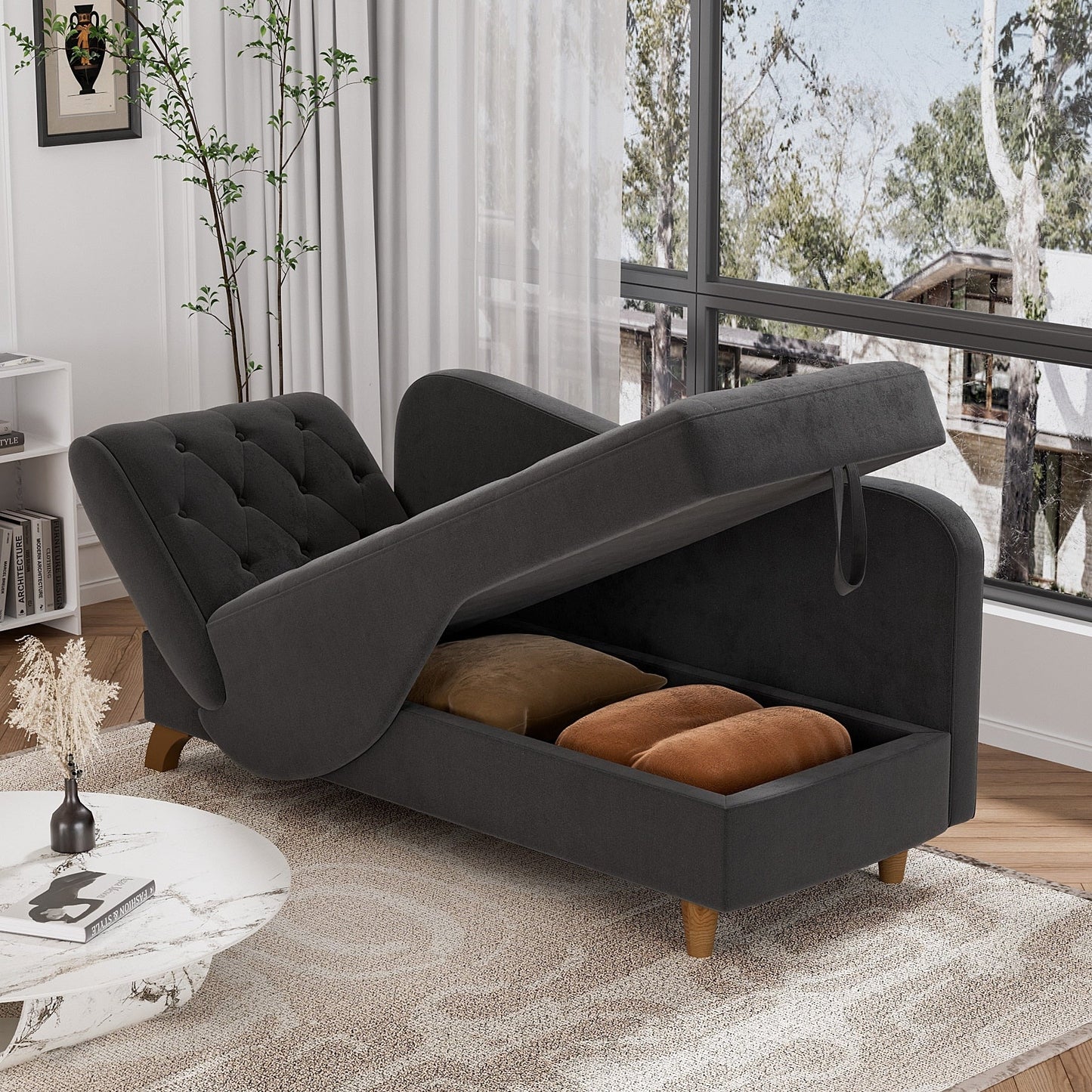 Ouyessir Upholstered Storage Chaise Lounge Chair with Left Armrest & Lumbar Pillow