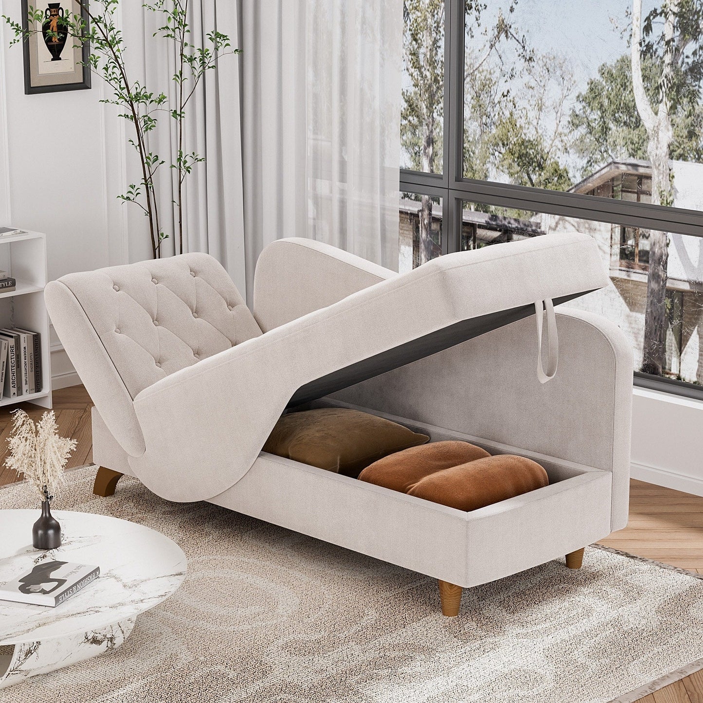 Ouyessir Upholstered Storage Chaise Lounge Chair with Left Armrest & Lumbar Pillow