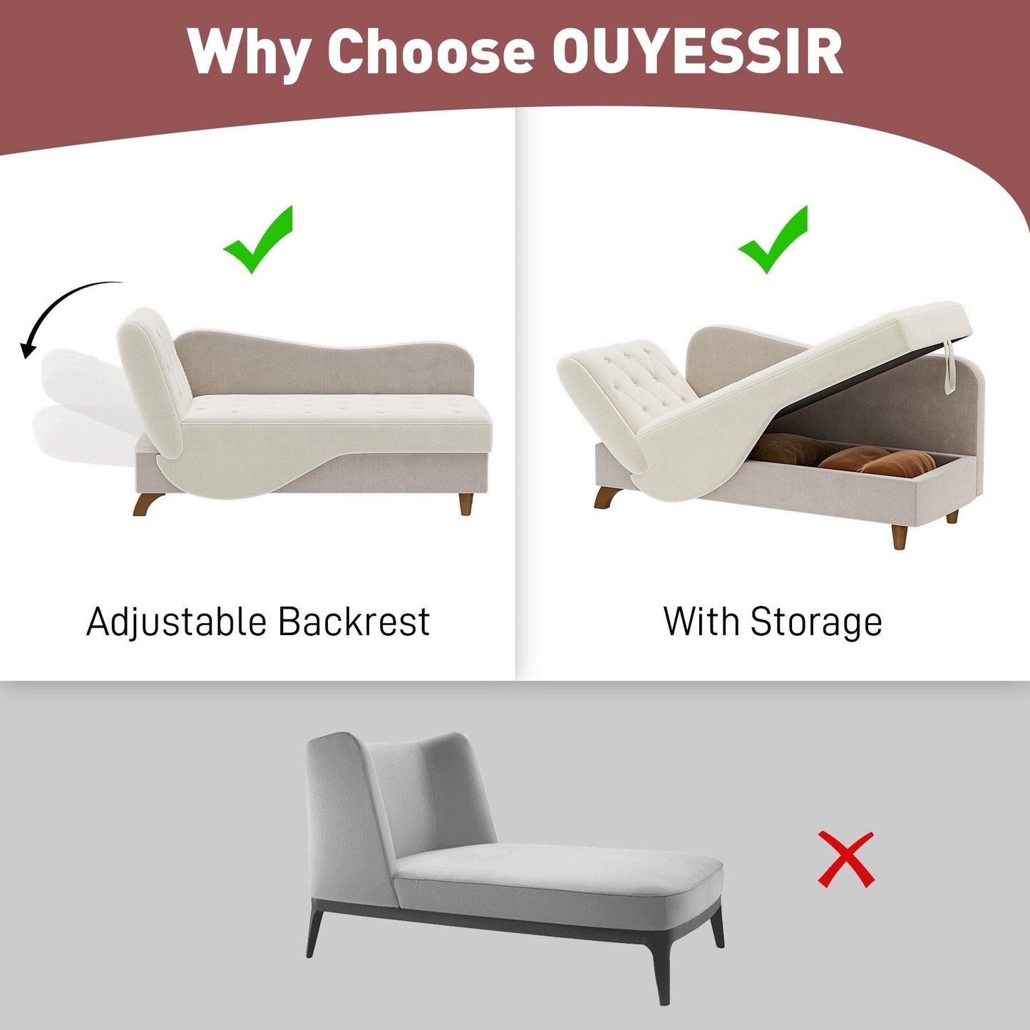 Ouyessir Upholstered Storage Chaise Lounge Chair with Left Armrest & Lumbar Pillow
