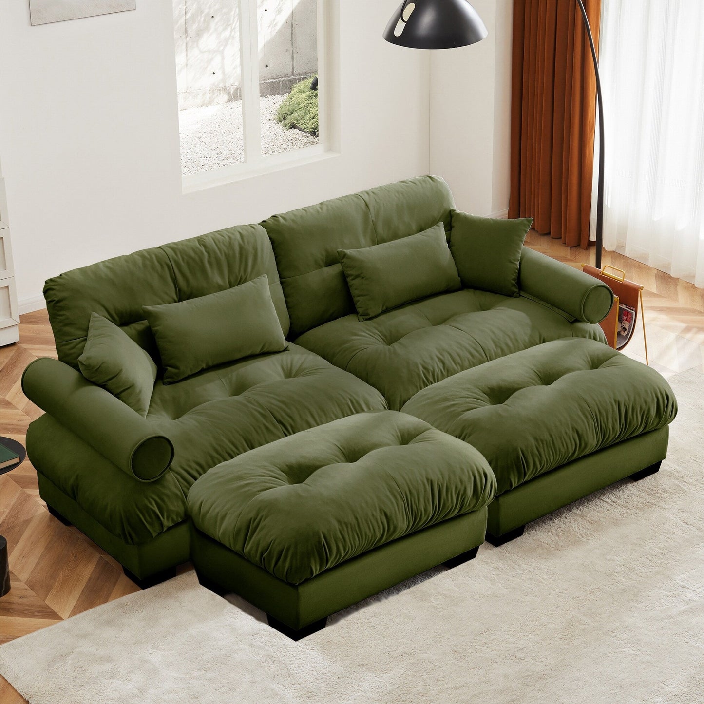 Over Size Modern Two-seater Sofa with Ottoman, Velvet 2-Seater with Round Bolster Armrests,With Waist Pillow and Throw Pillows