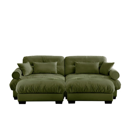 Over Size Modern Two-seater Sofa with Ottoman, Velvet 2-Seater with Round Bolster Armrests,With Waist Pillow and Throw Pillows