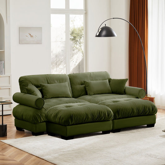 Over Size Modern Two-seater Sofa with Ottoman, Velvet 2-Seater with Round Bolster Armrests,With Waist Pillow and Throw Pillows