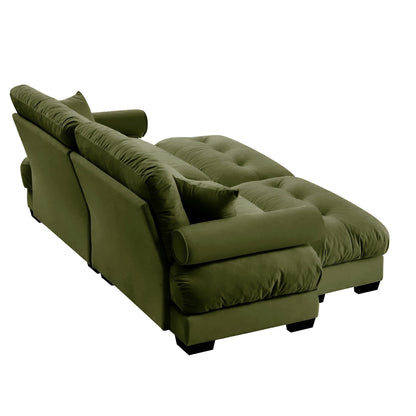 Over Size Modern Two-seater Sofa with Ottoman, Velvet 2-Seater with Round Bolster Armrests,With Waist Pillow and Throw Pillows