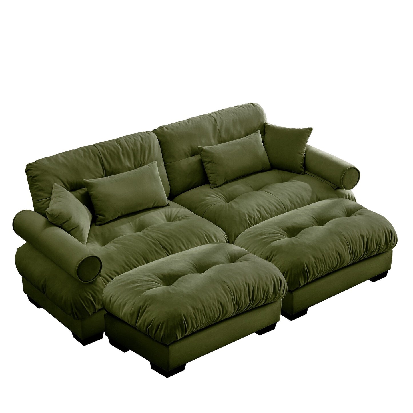 Over Size Modern Two-seater Sofa with Ottoman, Velvet 2-Seater with Round Bolster Armrests,With Waist Pillow and Throw Pillows