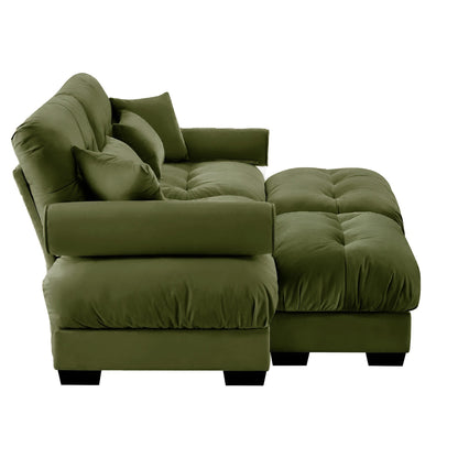 Over Size Modern Two-seater Sofa with Ottoman, Velvet 2-Seater with Round Bolster Armrests,With Waist Pillow and Throw Pillows