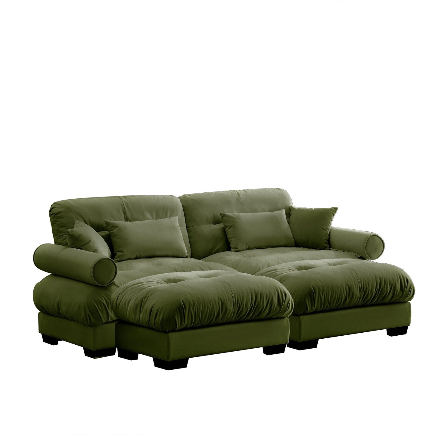Over Size Modern Two-seater Sofa with Ottoman, Velvet 2-Seater with Round Bolster Armrests,With Waist Pillow and Throw Pillows