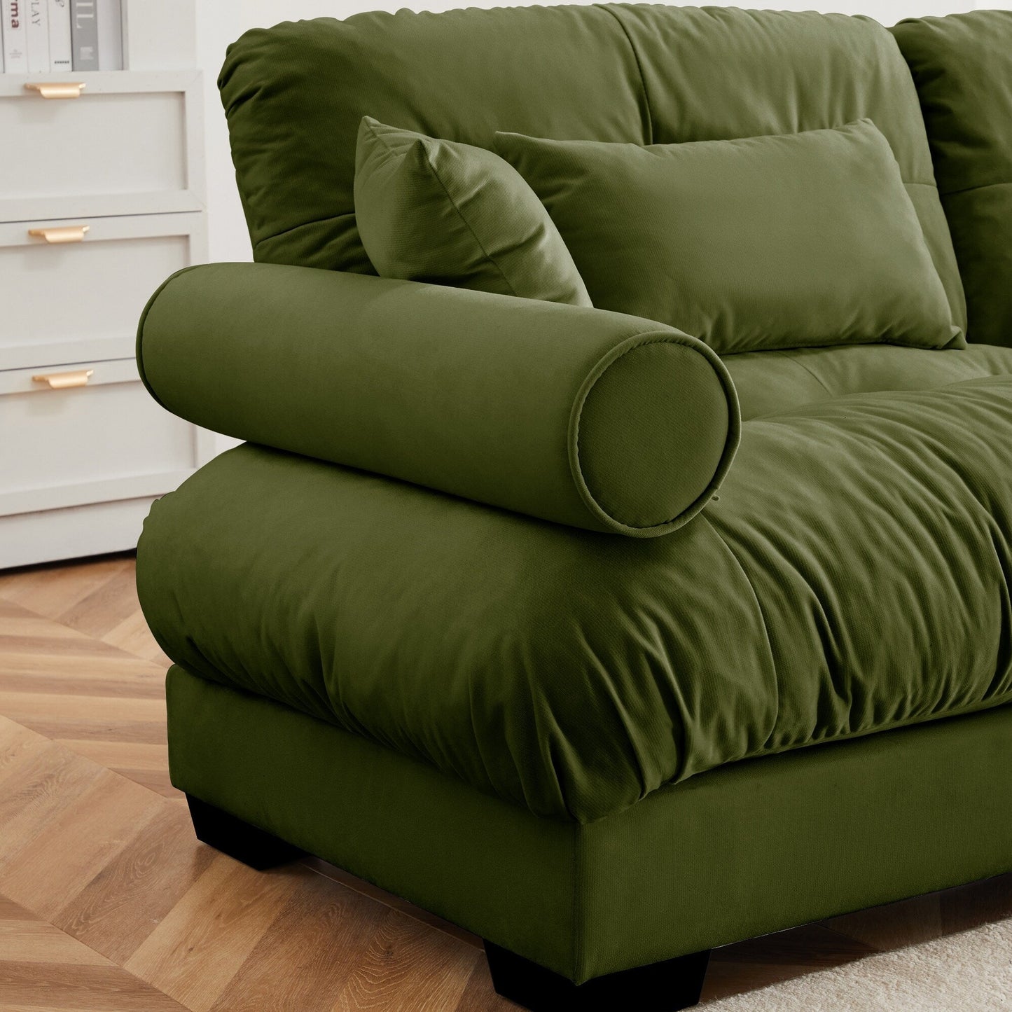 Over Size Modern Two-seater Sofa with Ottoman, Velvet 2-Seater with Round Bolster Armrests,With Waist Pillow and Throw Pillows