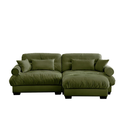 Over Size Modern Two-seater Sofa with Ottoman, Velvet 2-Seater with Round Bolster Armrests
