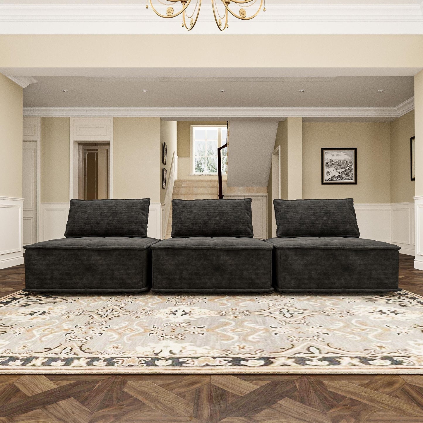 Oversized 3-piece Chenille Modular Square Sofa Set with High-Density Foam Cushions, Free Combination