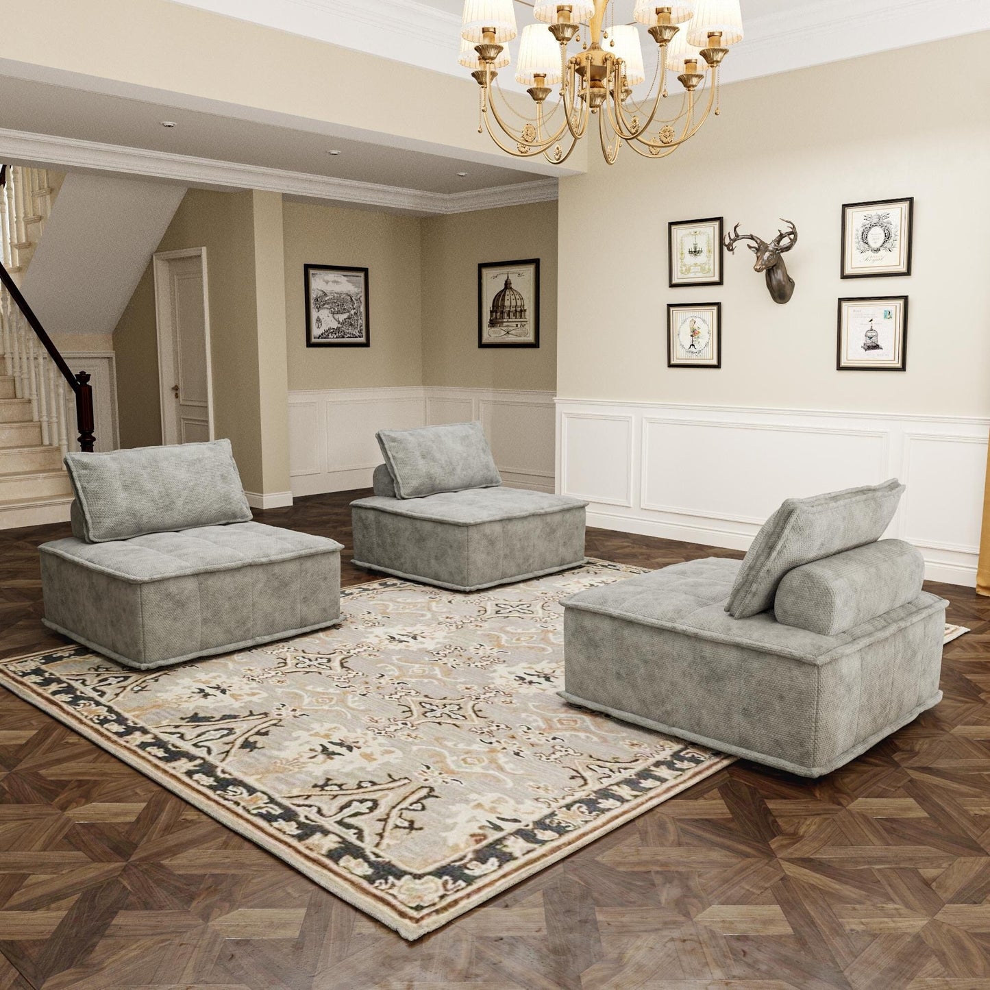 Oversized 3-piece Chenille Modular Square Sofa Set with High-Density Foam Cushions, Free Combination